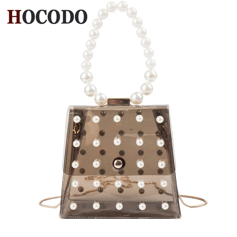 

HOCODO Luxury Fashion Pearl Hologram Handbag Women Messenger Bag Clear Transparent PVC Chain Jelly bag Girls Small Shoulder Bag