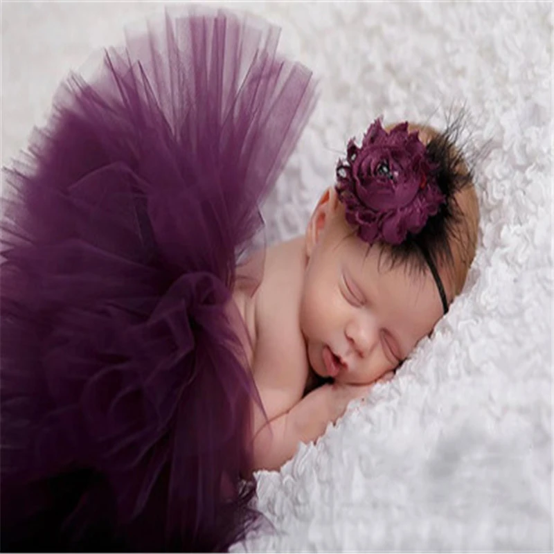 

Newborn photography props baby girls purple peacock feather skirt accessories photo tutu sets + flower headband baby photo