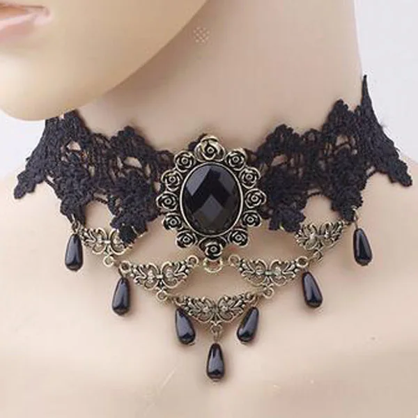 New Collares Sexy Gothic Chokers Crystal Black Lace Neck Choker Necklace Vintage Victorian Women Chocker Steampunk Jewelry