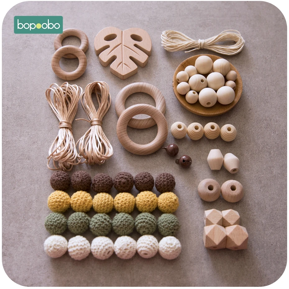 Bopoobo 1Set Baby Teether DIY Silicone Beads Pacifier Clip Chain Baby Mobile Wool ball BPA Free Wooden Crochet Beads Teether