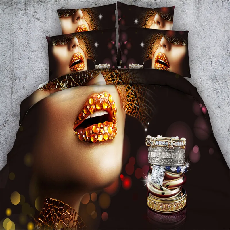 

Sexy women golden lip 3d luxury Bedding sets 4/3PC Duvet Cover set single queen king sizes Bedclothes 500tc woven Coverlet girls