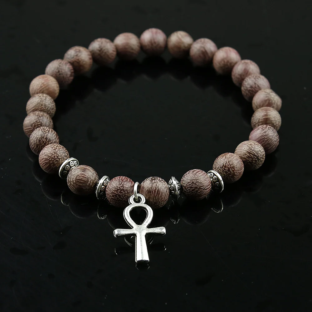 Men Wood Beads Bracelets Natural Violets Wood Egyptian Ankh Cross Bead Bracelet Wooden Women Girls Egypt Hieroglyphs,Crux Ansata - Image 4