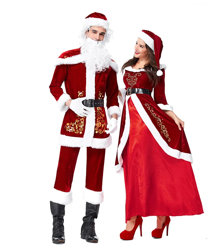Хит, рождественские маскарадные костюмы Санта-Клауса для взрослых, женское платье для рождественской вечеринки, бархатные рождественские костюмы для влюбленных, полный комплект