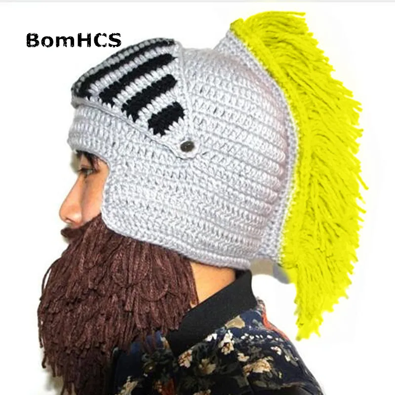 BomHCS забавные зимние теплые шапки с бородой для косплея Римский рыцарь вязаный шлем оригинальные варварские шапочки ручной работы мужские шапки - Цвет: YELLOW TASSEL