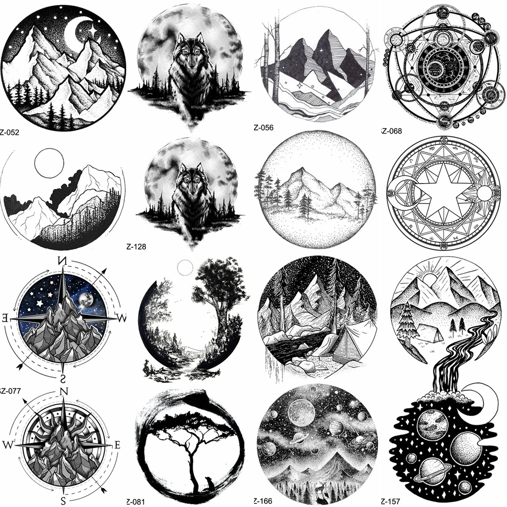 

YURAN Black Mountain River Geometric Tattoo Stickers Women Body Arm Moon Temporary Tattoo Men Ankle Wolf Round Fake Tatoo 3D