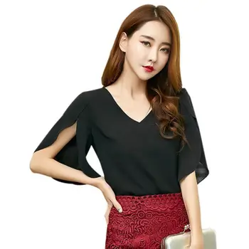 

Chiffon Women's Shirt Sexy V Neck Blouse Loose Butterfly Sleeve Blouse Women Fashion Split Sleeve Backless Top OL Office Clothes