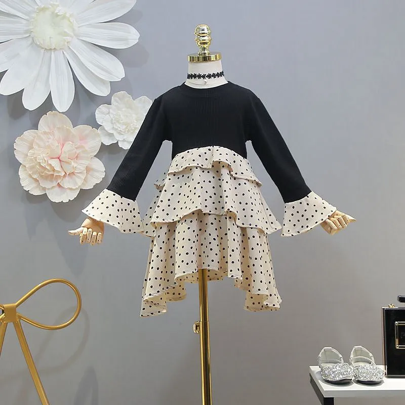 

Children's dress 2019 spring new girl A-Line sleeve round neck T layer stitching dot dress