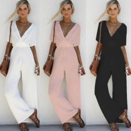 2022 New Summer Women V-Neck Loose Playsuit Jumpsuit Ladies Short Sleeve Loose Wide Leg Long Outfit Beach Cover Ups swim skirt cover up no brief