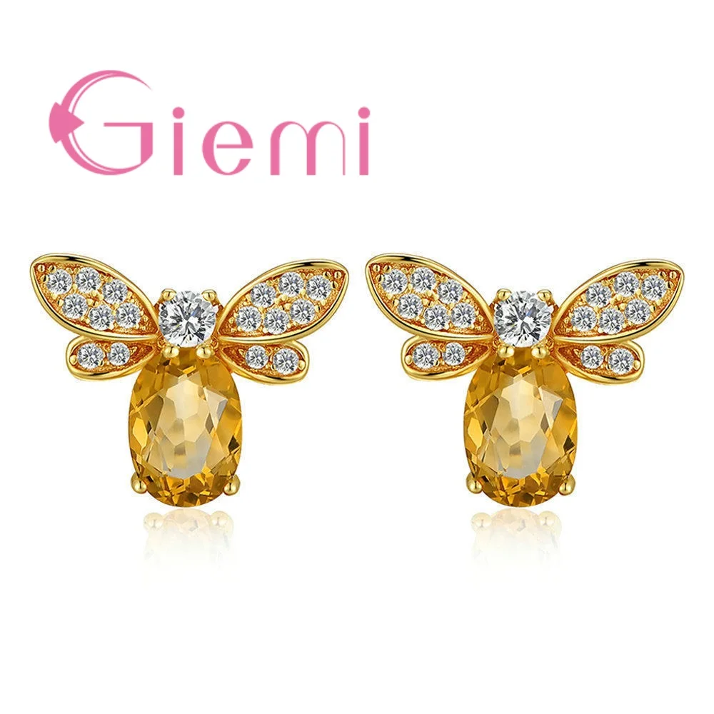 

Lovely Ear Bijoux Shiny Romantic Stud Earrings For Women Gold Color Design Crystal Bee Jewelry Wedding Gifts