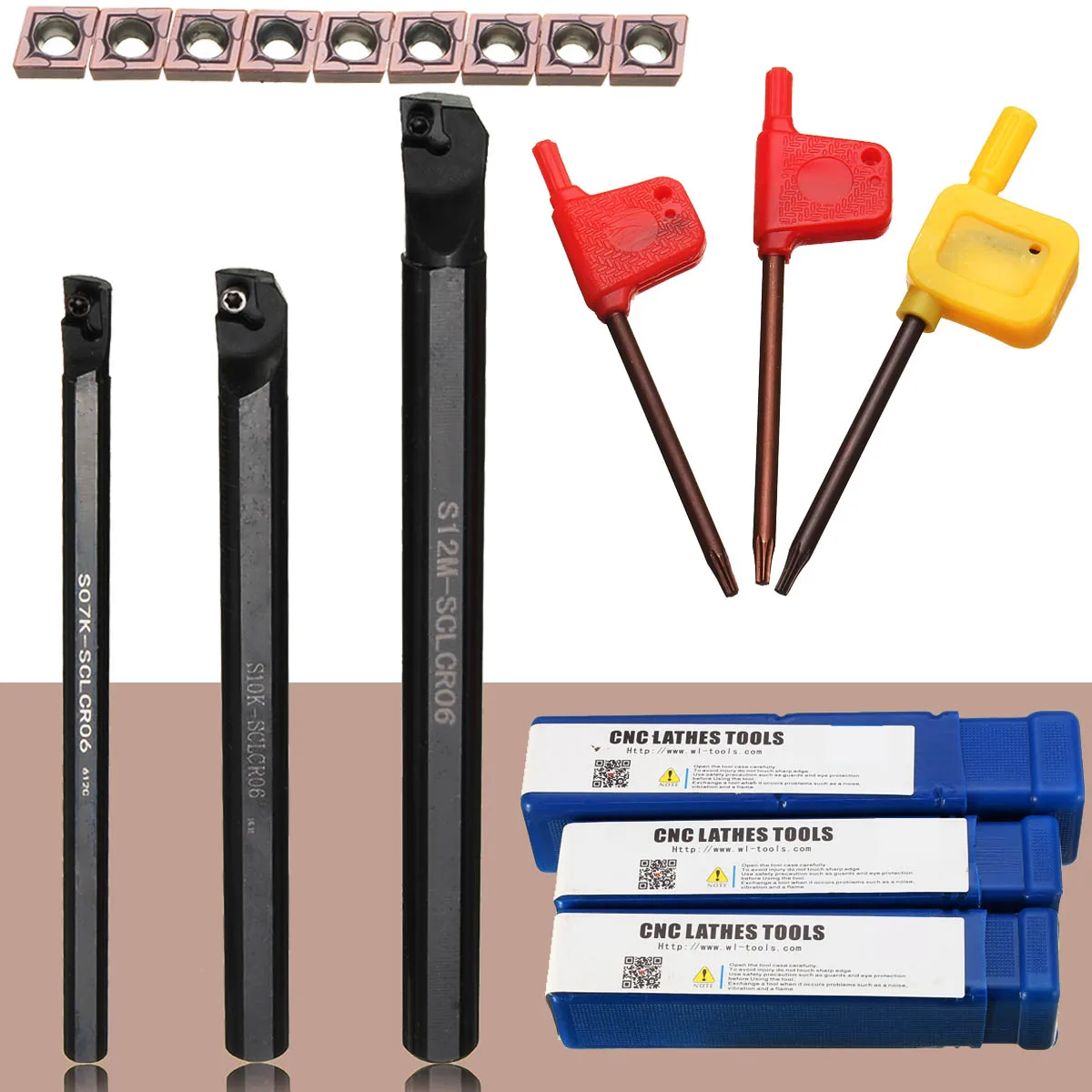 

10pcs CCMT0602 Insert Set+1Pcs S07K-SCLCR06+1pcs S10K-SCLCR06+1pcs S12M-SCLCR06 Lathe Holder Turning Tool Boring Bar 7/10/12mm