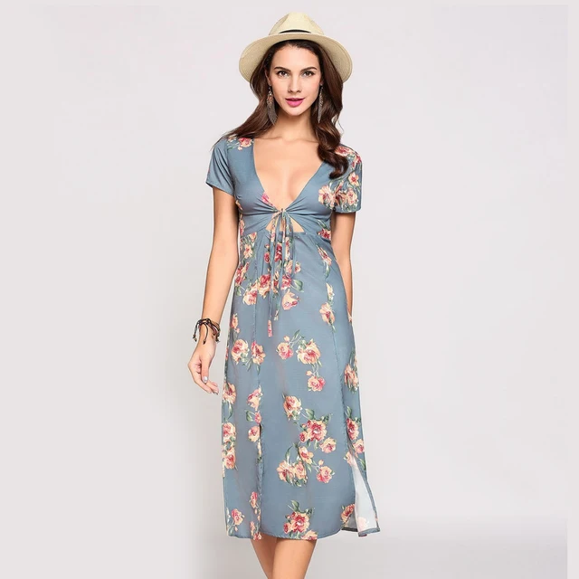 2017 Women Summer Long Dress Blue Floral Print Elegant Dress Low Cut