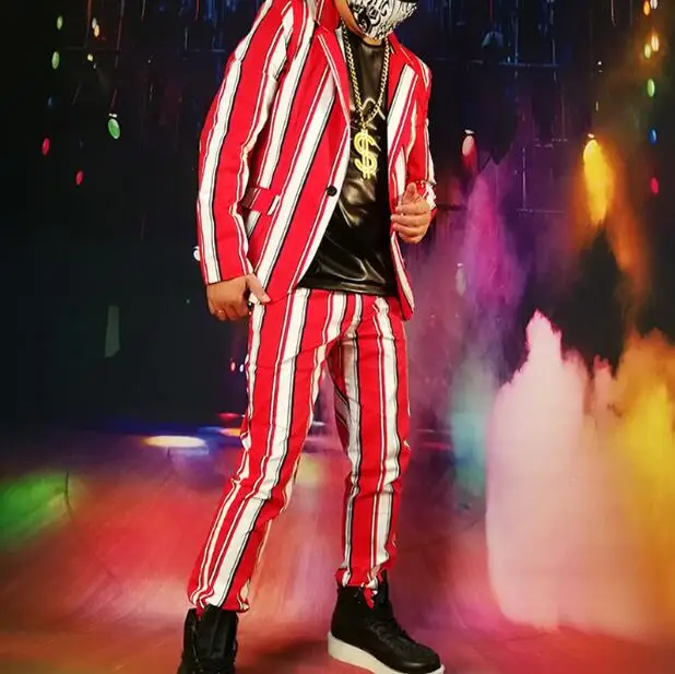 Новинка 2019 года повседневное блейзер для мужчин Хип Хоп этап Индивидуальный костюм певица Мода красный и белый в полоску куртка DJ тонкий