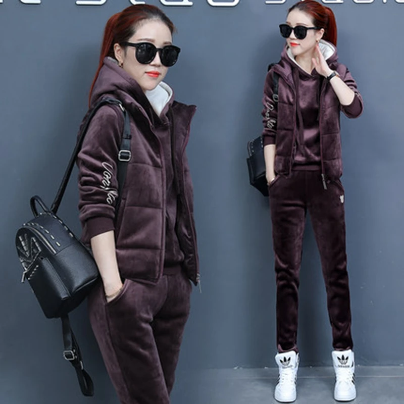 

Women Suit Tracksuit Winter 3 Piece Set Hoodies + Vest + Pants Women's Costume Plus Velvet Sporting Suits Female Costume