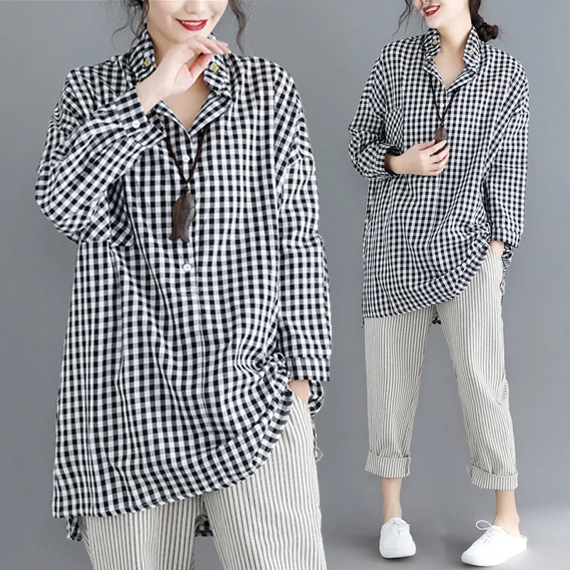 

BIG SIZE 4XL Spring Autumn Women Fashion Beads V Neck Plaid Tops Ladies Female Plus Large Long Cotton Loose Blouse Shirt Blusas