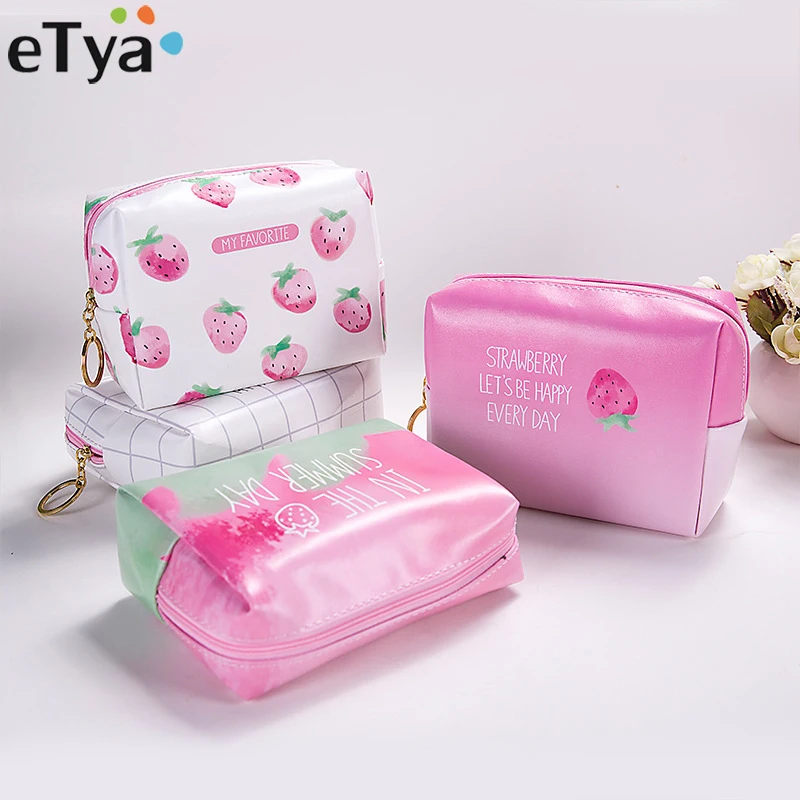 ETya المحمولة سستة السفر التجميل حقيبة الفراولة الطباعة الشفاه صغيرة مستحضرات التجميل الجمال مخزن للمكياج حالة السفر غسل الحقيبة