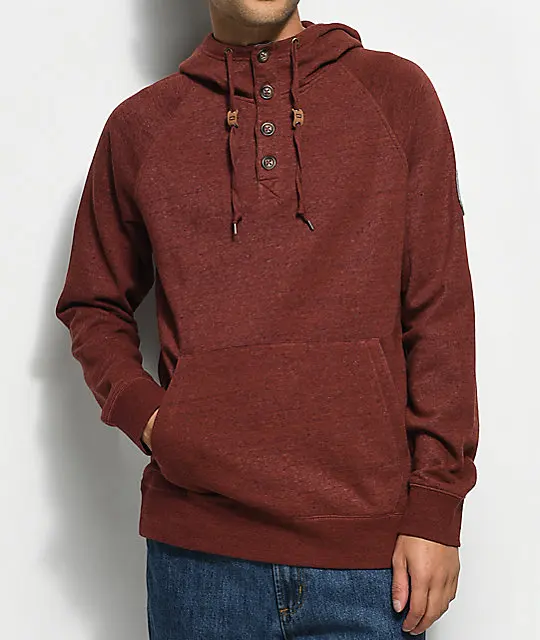 Men's Skate Street Red Henley Pullover Hoodie Sweatshirt