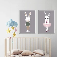 Nordic Cute Abstract Cartoon White Rabbit Boys And Girls Canvas Art Print Poster Picture Wall Children Bedroom Home Decoration cute women s satchel with rabbit print and canvas design