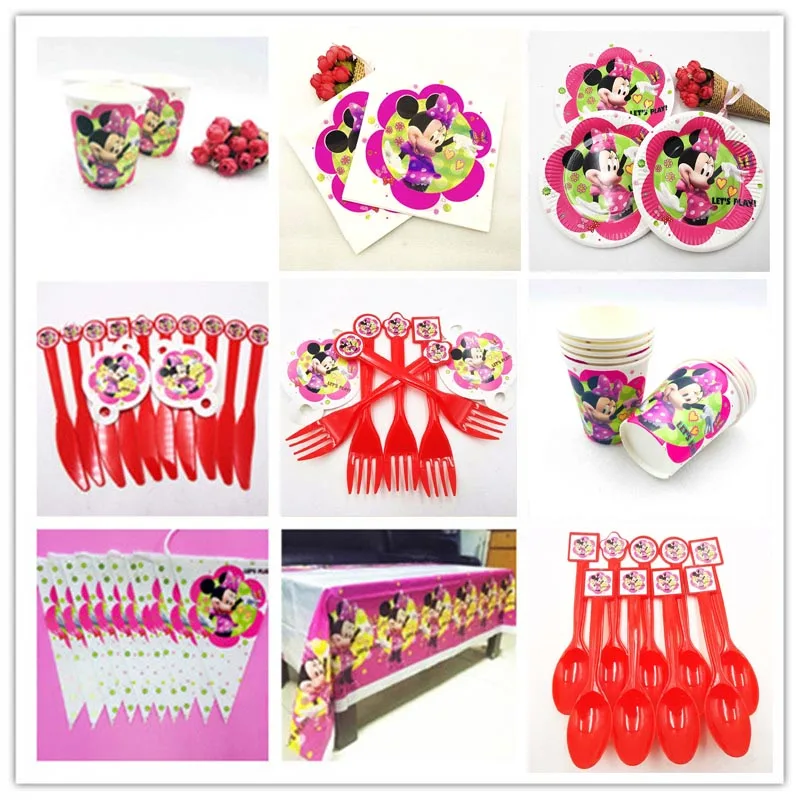 Минни Маус День Рождения украшения принадлежности Детская посуда скатерть соломинки чашки тарелки баннер сувениры подарки для маленьких девочек розовый