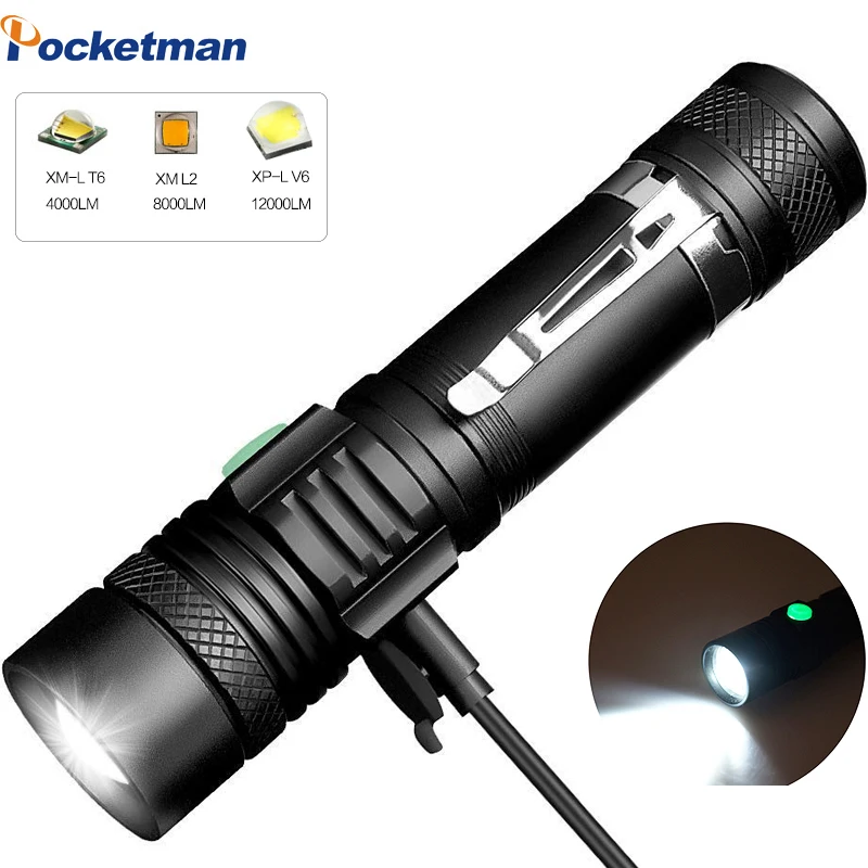 

12000 Lums LED Flashlight USB linterna led torch Ultra Bright T6/L2/V6 lanterna Power Tips Bicycle Light Rechargeable Use 18650