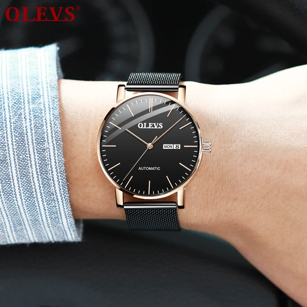 OLEVS أعلى العلامة التجارية الرجال التلقائي الميكانيكية ووتش 2019 للماء مزدوجة تقويم الفاخرة عارضة ووتش للماء رقيقة جدا ووتش