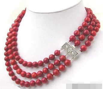

3 Rows 8 mm Red Coral Beads Flower Clasp Necklace