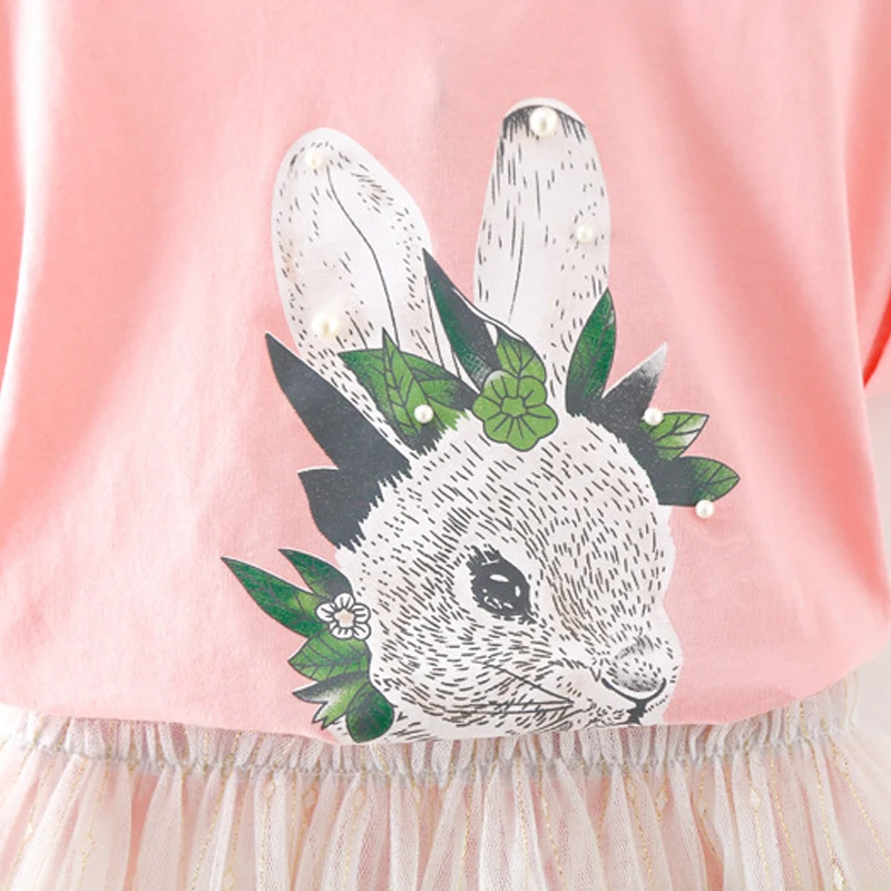 Sodawn Summer Brand Fashion Girls Clothes Cartoon Rabbit T-shirt+ Mesh Dress 2pcs Cute Children Clohting Baby Clothing