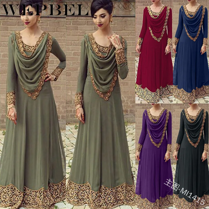 

WEPBEL Women Lace Dress Arabic Long Sleeve Summer Fashion Muslim Abaya Ladies Vintage Retro Dresses
