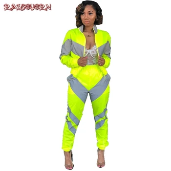 

RAISEVERN Women Spring Reflective Sporting 2 Piece Sets Clothes Streetwear Short Baseball Jacket Patchwork Cargo Pants Tracksuit