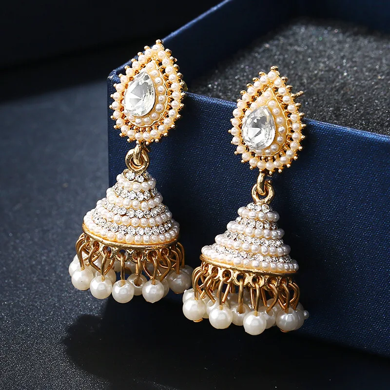 Модные индийские серьги-подвески Jhumka Jhumki с искусственным жемчугом, женские длинные золотые свадебные вечерние ювелирные изделия, подарки