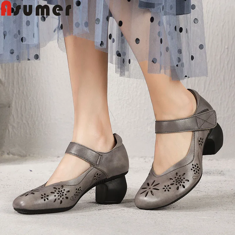 ASUMER/Размеры 35-40; модная Демисезонная обувь; женская обувь из натуральной кожи с круглым носком; обувь на толстом высоком каблуке; женская