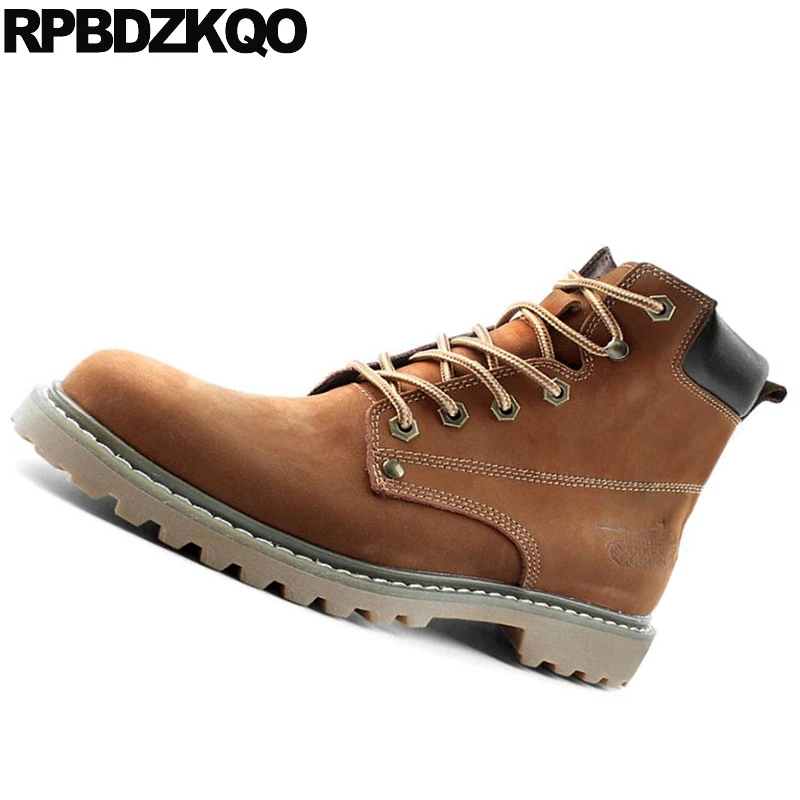 Negro Grain Botas Marrón Militar Full Encaje Ejército Fur Lined Botines yellow Combate Tobillo Cuero Alta yellow Lined Superior Zapatos Plana Impermeable Hasta brown Retro brown Antideslizante Plataforma w5vqHw