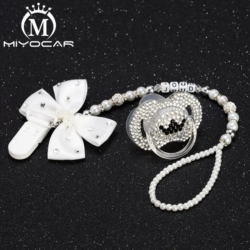 

MIYOCAR Any name white bow bling rhinestone pacifier clip holder dummy clip with bling black crown pacifier dummy idea gift