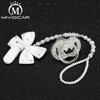 

MIYOCAR Any name white bow bling rhinestone pacifier clip holder dummy clip with bling black crown pacifier dummy idea gift