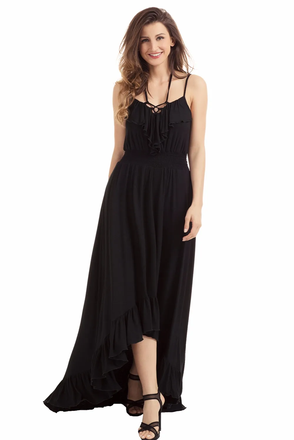 Black-Lace-Up-V-Neck-Ruffle-Trim-Hi-low-Maxi-Dress-LC61510-2-1