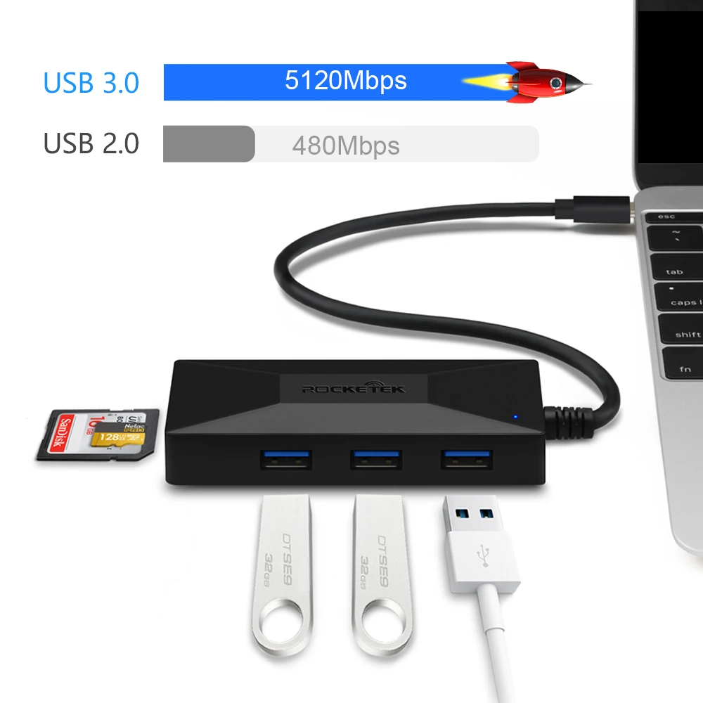 Адаптер Сплиттер Rocketek с 3 портами USB type C 0 для MacBook Air компьютера ПК ноутбука|USB-хабы|