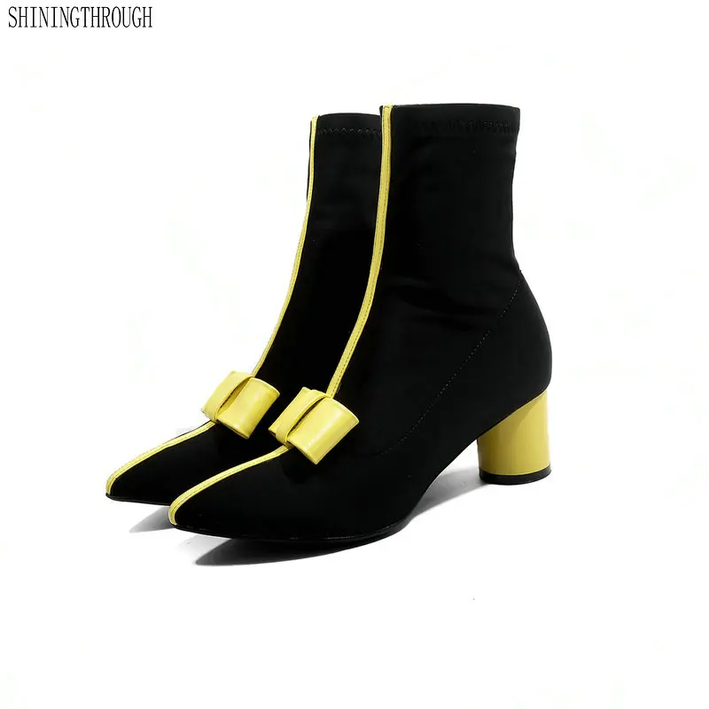 

Genuine leather Women high heels ankle boots poined toe bowties ladies shoes woman autumn winter boots large size 43