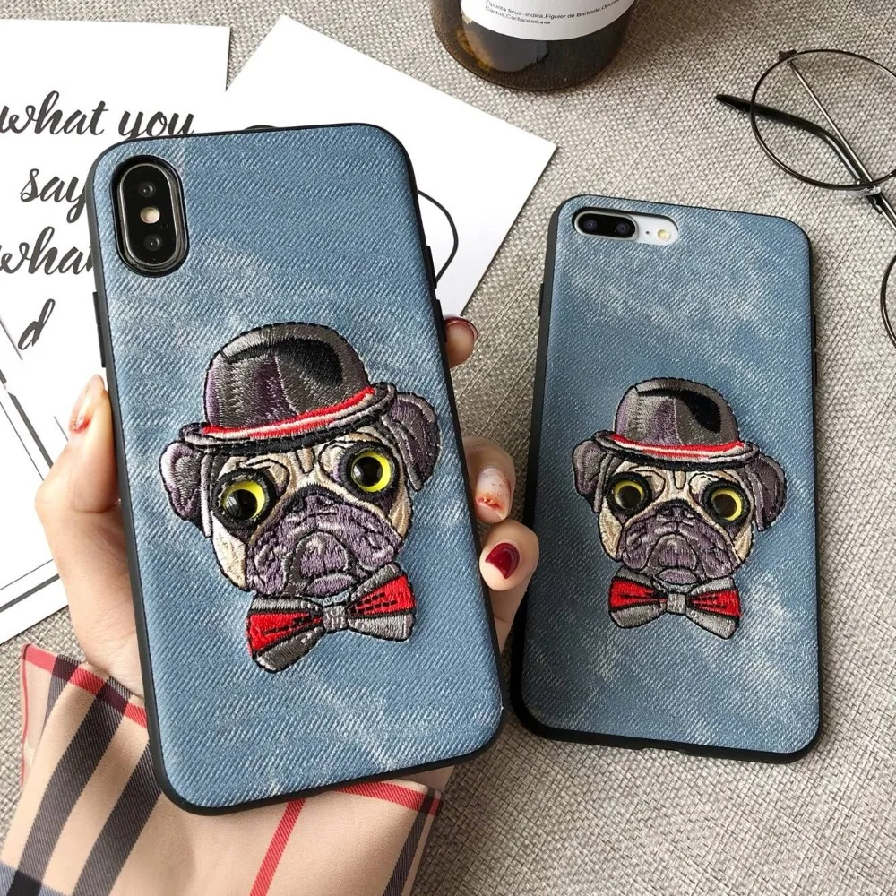 Embroidered Cute Dog Phone Case For Apple Iphone x 6s 6 7 8 Plus Luxury Cartoon Cell phone Case