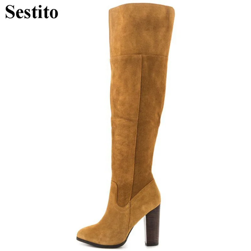 

European Concise Black Flock Woman Boots Knee-High Boots Women Round Toe Hoof Heels Zip Long Boots Women Shoes Spring/Autumn