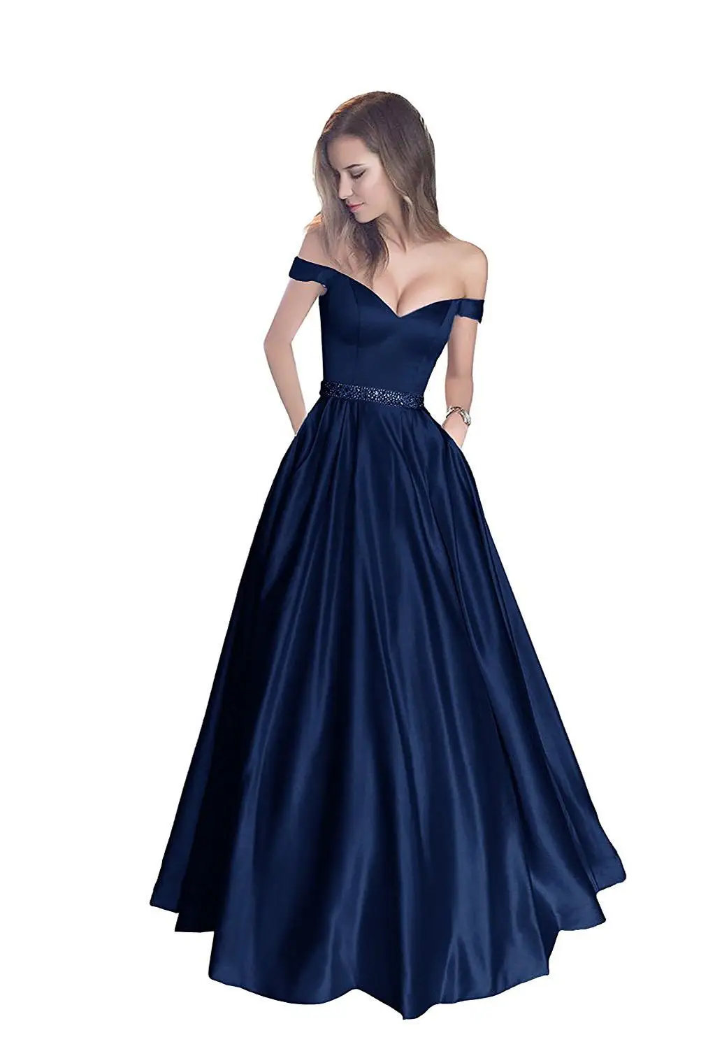 Длинное вечернее платье трапециевидной формы, винтажное платье с открытыми плечами, платье для выпускного вечера, пояс с кристаллами, платье с карманами, CG46 - Цвет: Navy