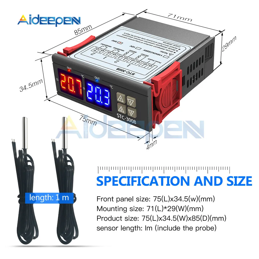 STC-3008, двойной цифровой регулятор температуры, два релейных выхода, термостат с датчиком, DC12V, 24 В, AC110-220V, домашний холодильник, прохладное тепло