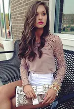 Fashion Women Sexy Lace Crochet Embroidery Tops Long Sleeve Shirt Casual Blouse WHolesale