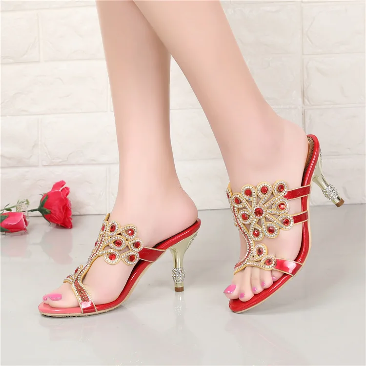 G-sparrow Summer Women Fashion High Heel Stiletto Slippers New Diamond Luxury Elegant Shoes Red Size 114