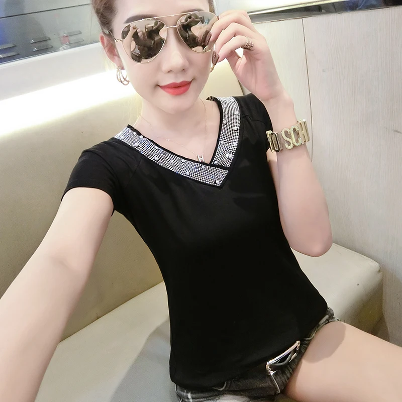

Hot Diamond T-Shirts 2019 Summer New woman Short Sleeve Rhinestone tshirt Women Tops plus size xxxl vetement femme black tees