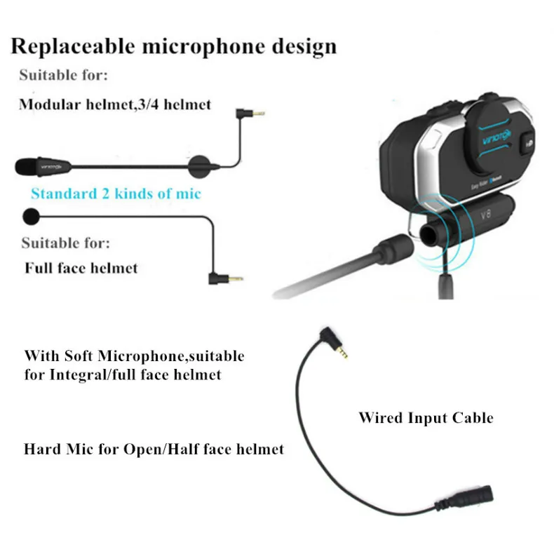 Motorcycle Helmet Bluetooth Headset Vimoto V8 850mAh Multi-function BT Interphone Motorbike Stereo Headphones for Two Way Radios (8)