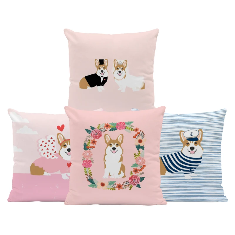 

Happy Corgi Csuhion Cover Wedding Vacation Travel Surf Entertainment Cartoon Hug Pillow 45Cm Peach Skin Decorative Room Pillows