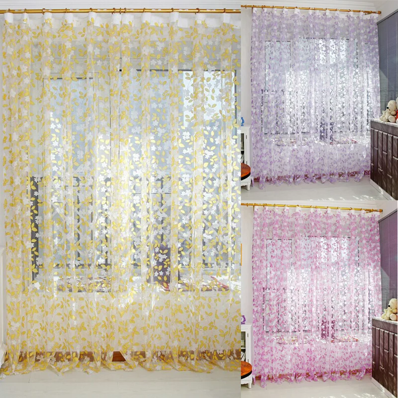 

1pcs curtain Rustic Romantic Tulle Curtain Chic Leaf Pattern Window Screen Curtains Rural Leaf Design Voile Curtain 1m*2m