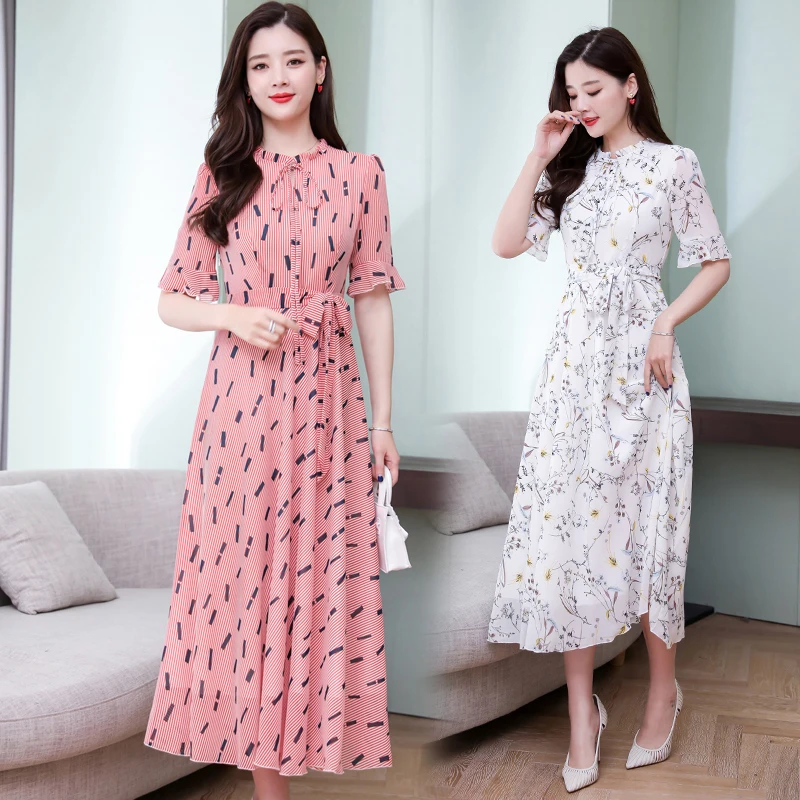 

Plus Size Summer Chiffon Floral 4XL Maxi Dress Sexy Short Sleeve Stand Collar Dress Casual Loose High Waist Beach Party Dress