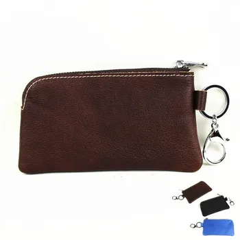

Real Cowhide Genuine Leather Car Key Wallet Mini Pack Zipper Coin Purse with Keychain Ring Hanging Pocket Pouch Organizer Bag