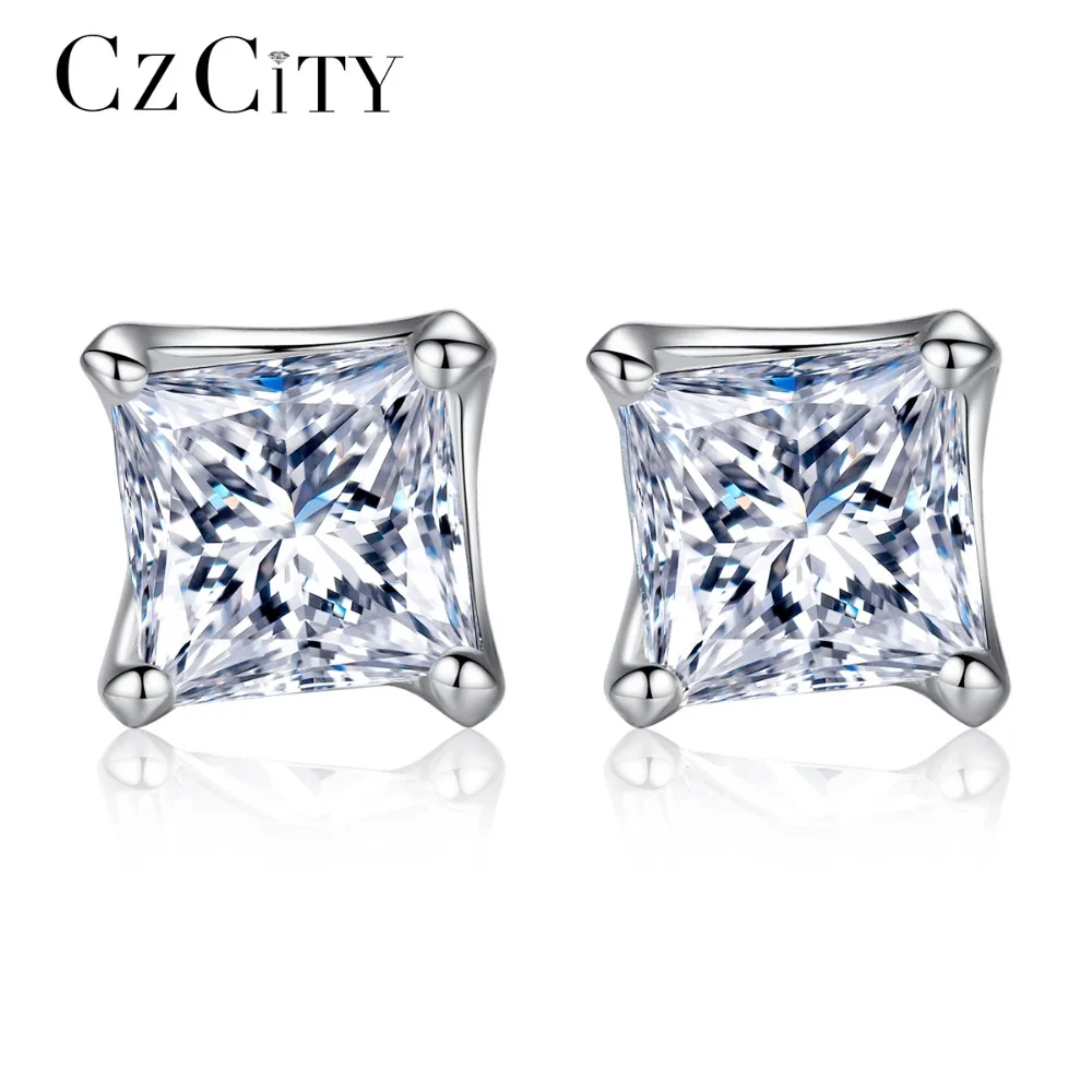 

CZCITY Brand Simple Square Cubic Zirconia Daily Work Lady Small Silver Earrings Engagement Bridal Weddding Women Party Jewelry