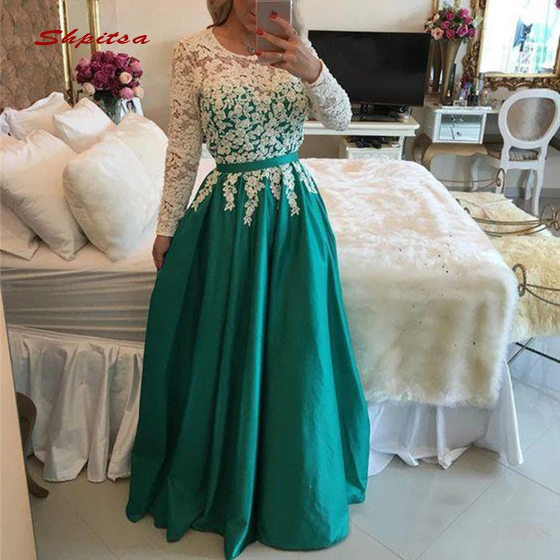 

Green Long Sleeve Lace Evening Dresses Party Sexy Beaded Plus Size Ladies Women Formal Dresses Evening Gown